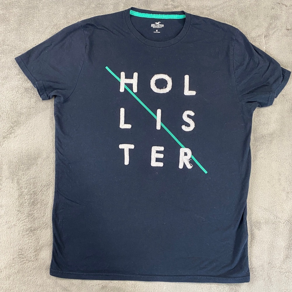 Hollister Graphic Tee Mens M Navy Blue Chenille Logo Short Sleeve Summer Shirt